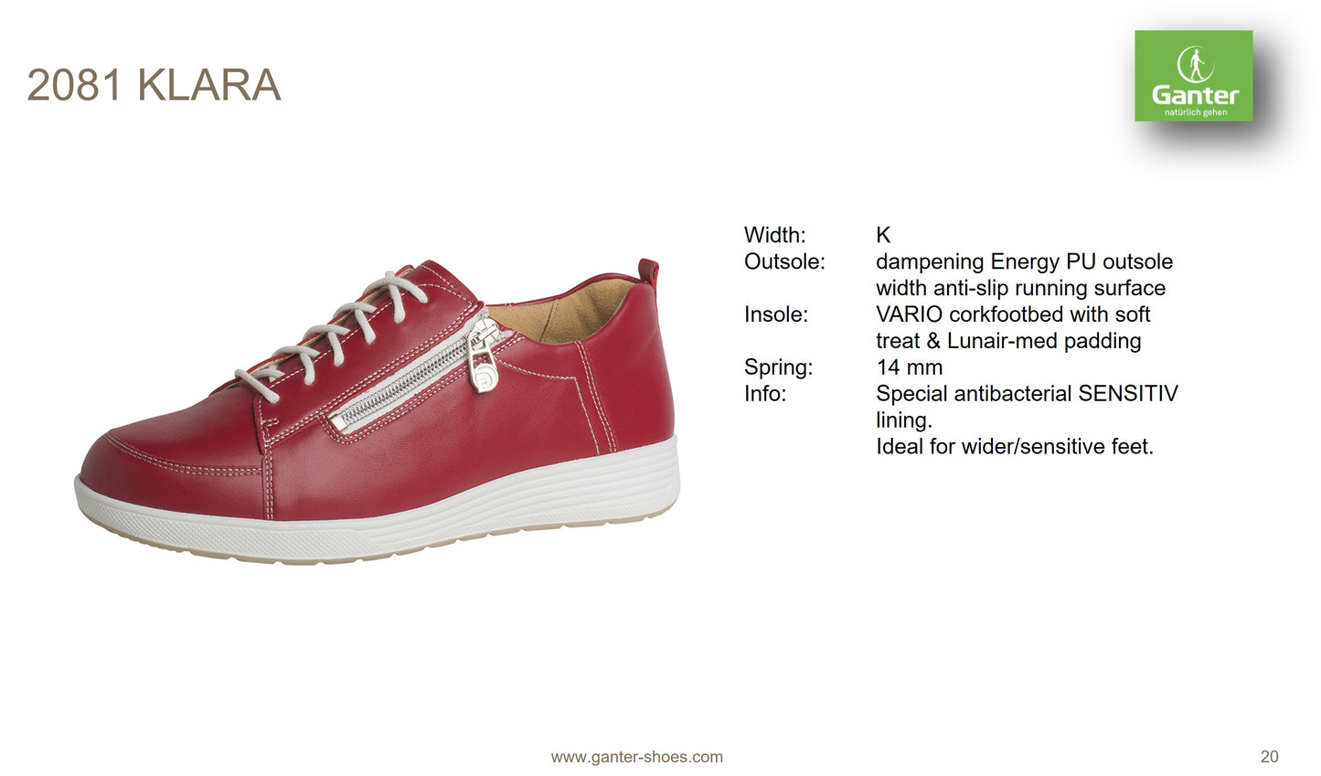Ganter KLARA Leather Lace Up Zip Sneaker - Red